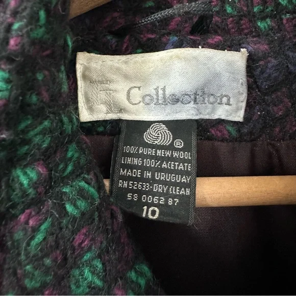 Vintage Tweed Peacoat Womens 10 Purple Green Wool 90s Classic Double Breasted - Picture 3 of 15